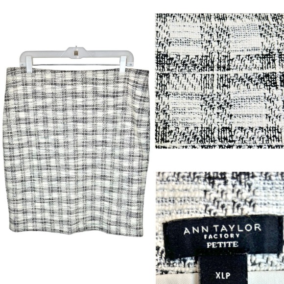 Ann Taylor Pencil Skirt XLP XL Petite 16P Black White Plaid Tweed Lined Mini - Picture 1 of 7